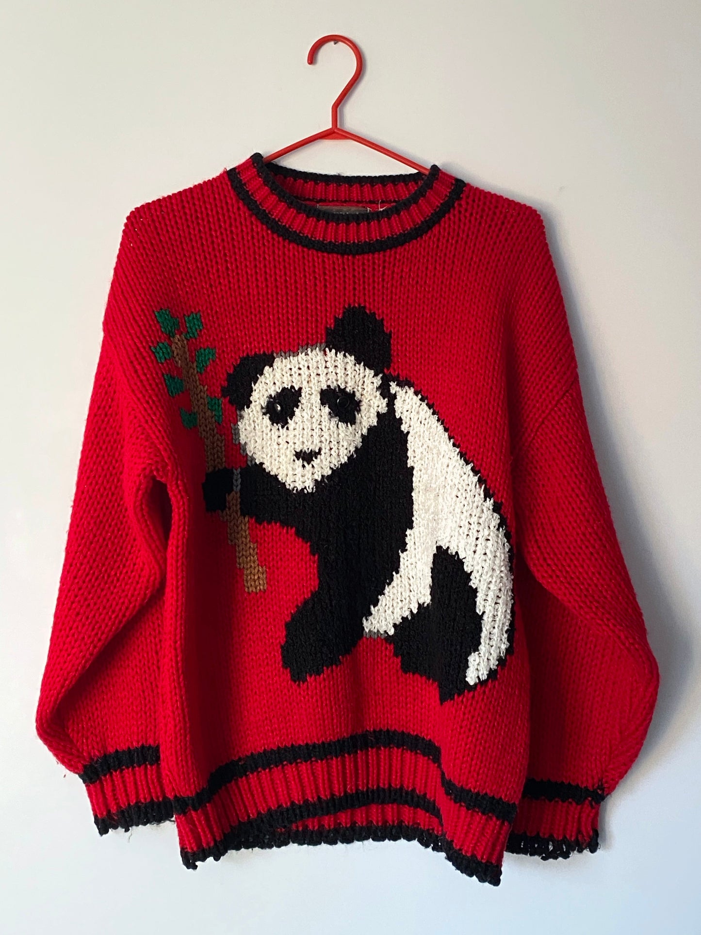 80s vintage red panda hand knit crewneck sweater – medium, large | novelty cute chunky acrylic long sleeved jumper