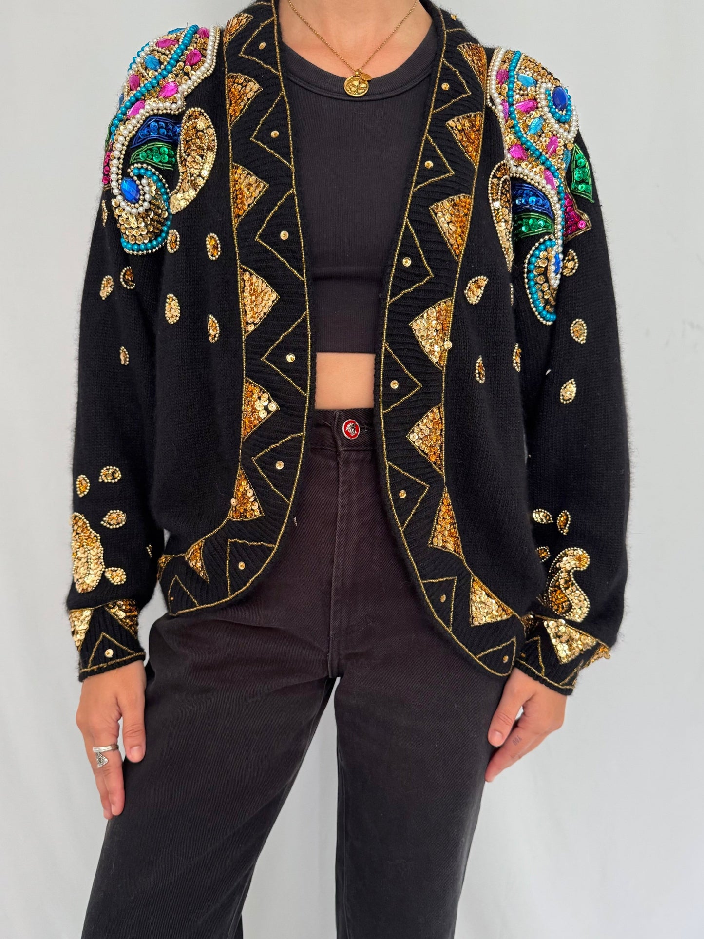 80s vintage black rainbow embellished open front knit cardigan – large | jeweled beaded sequins pearls silk angora sweater