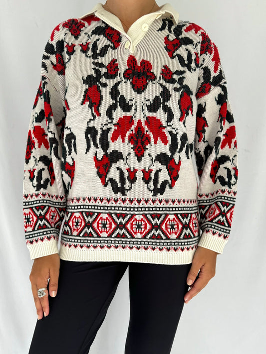 90s vintage multicolor floral abstract collared knit sweater
