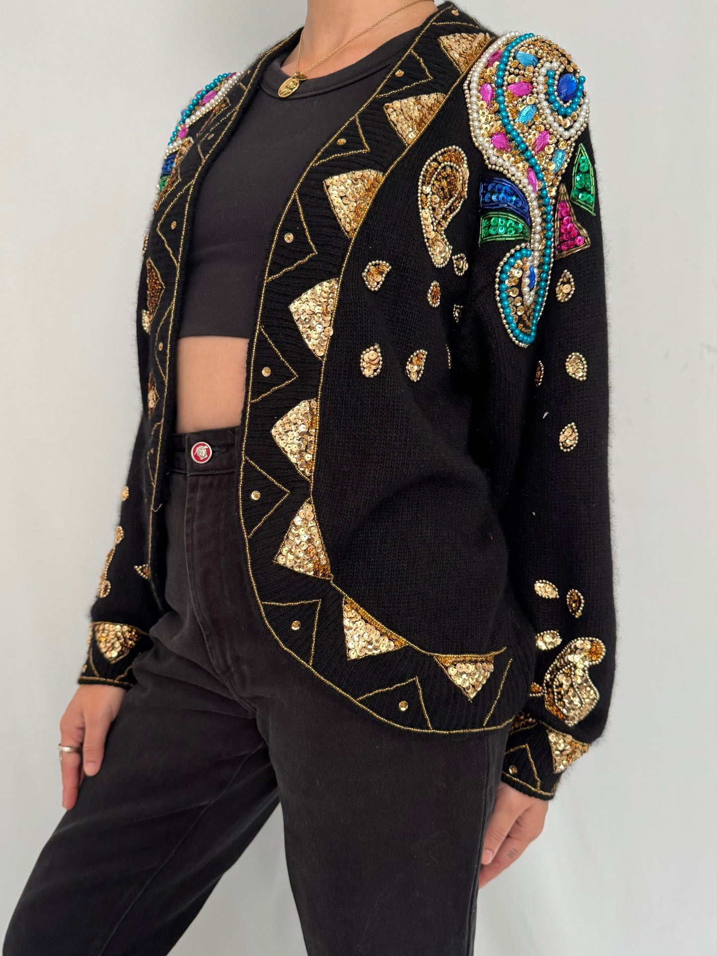 80s vintage black rainbow embellished open front knit cardigan – large | jeweled beaded sequins pearls silk angora sweater