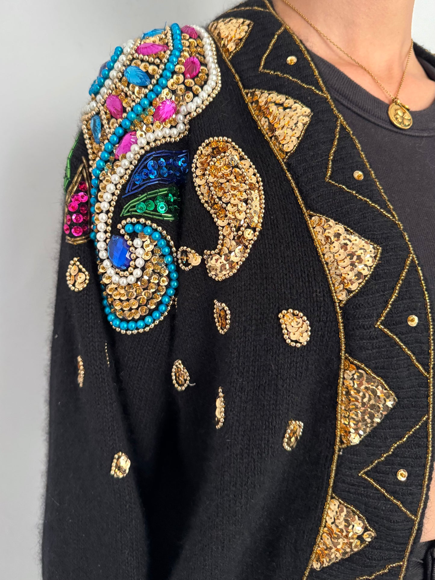 80s vintage black rainbow embellished open front knit cardigan – large | jeweled beaded sequins pearls silk angora sweater