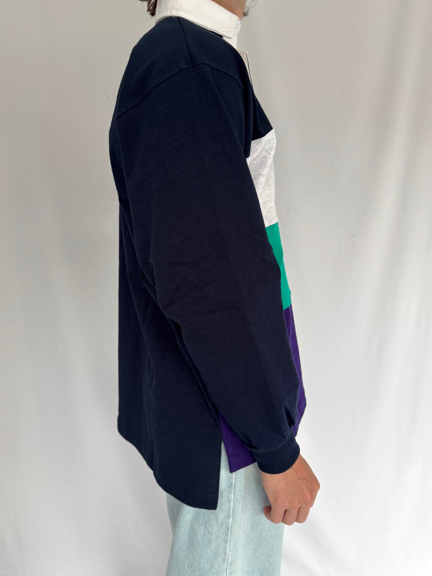 90s vintage striped multicolor colorblock long sleeved rugby shirt – medium | unisex mens cotton casual rowing preppy varsity collared polo