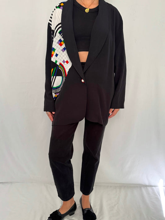 90s vintage black rainbow abstract print blazer