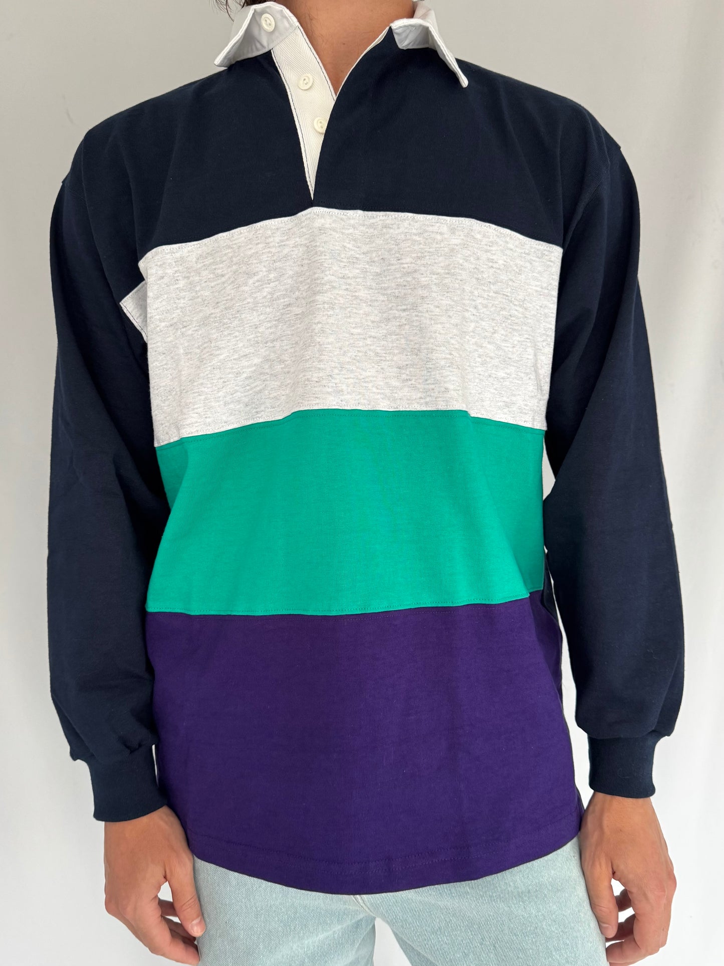 90s vintage striped multicolor colorblock long sleeved rugby shirt – medium | unisex mens cotton casual rowing preppy varsity collared polo
