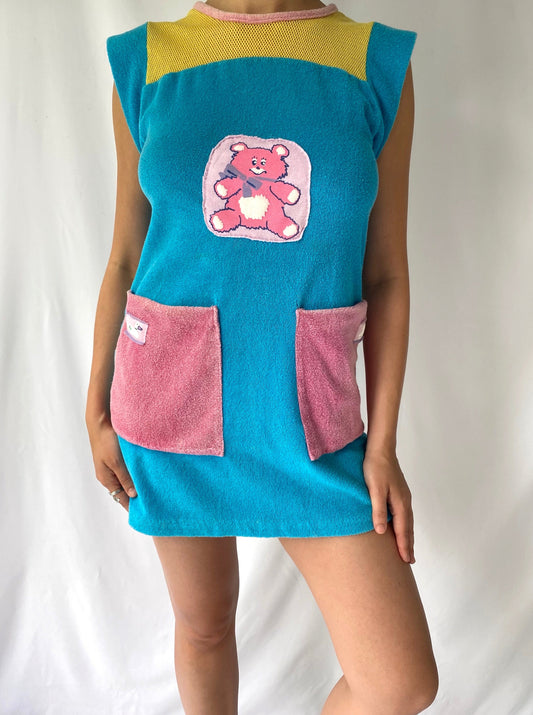 70s vintage reworked blue pink yellow teddy bear terry cloth dress