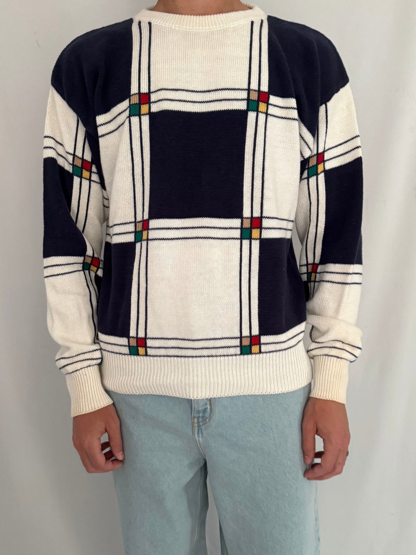 90s vintage multicolor retro golf geometric long sleeved knit sweater – mens medium | unisex artsy casual cotton grandpa jumper