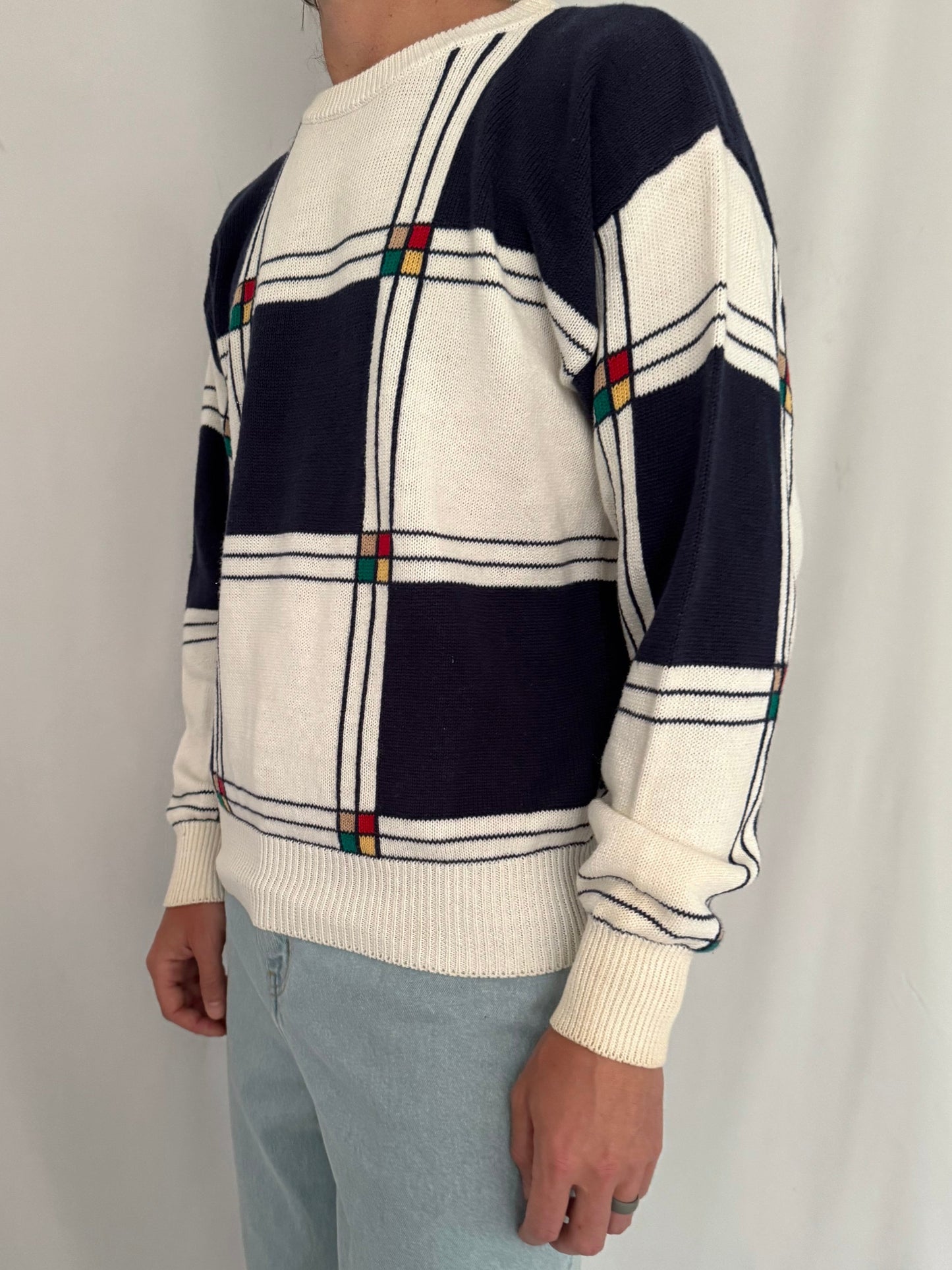 90s vintage multicolor retro golf geometric long sleeved knit sweater – mens medium | unisex artsy casual cotton grandpa jumper
