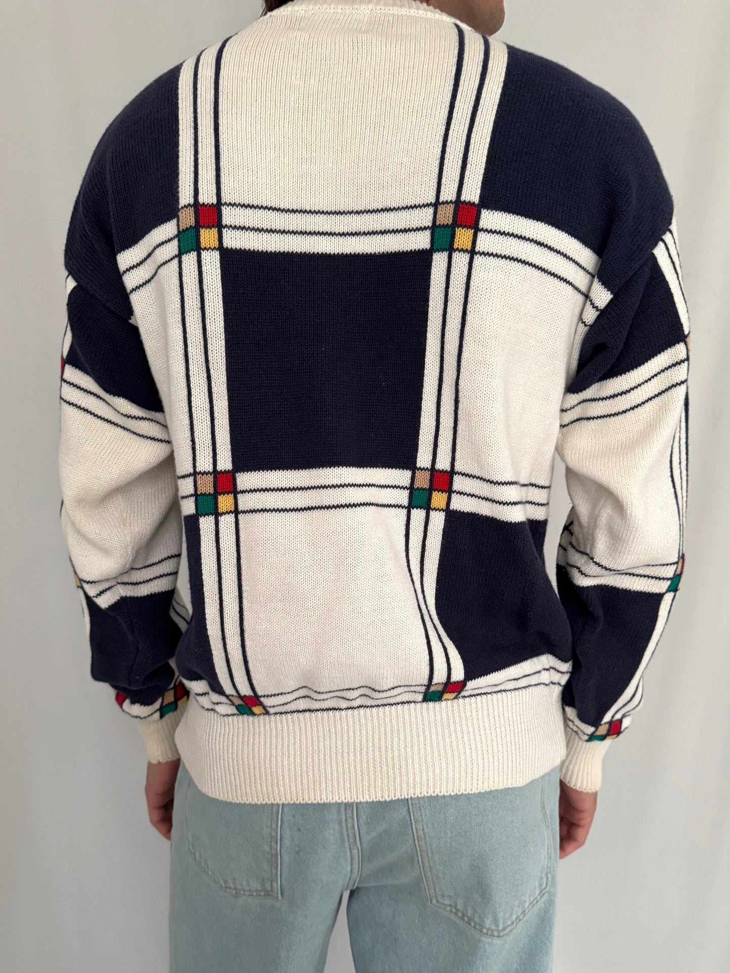 90s vintage multicolor retro golf geometric long sleeved knit sweater – mens medium | unisex artsy casual cotton grandpa jumper