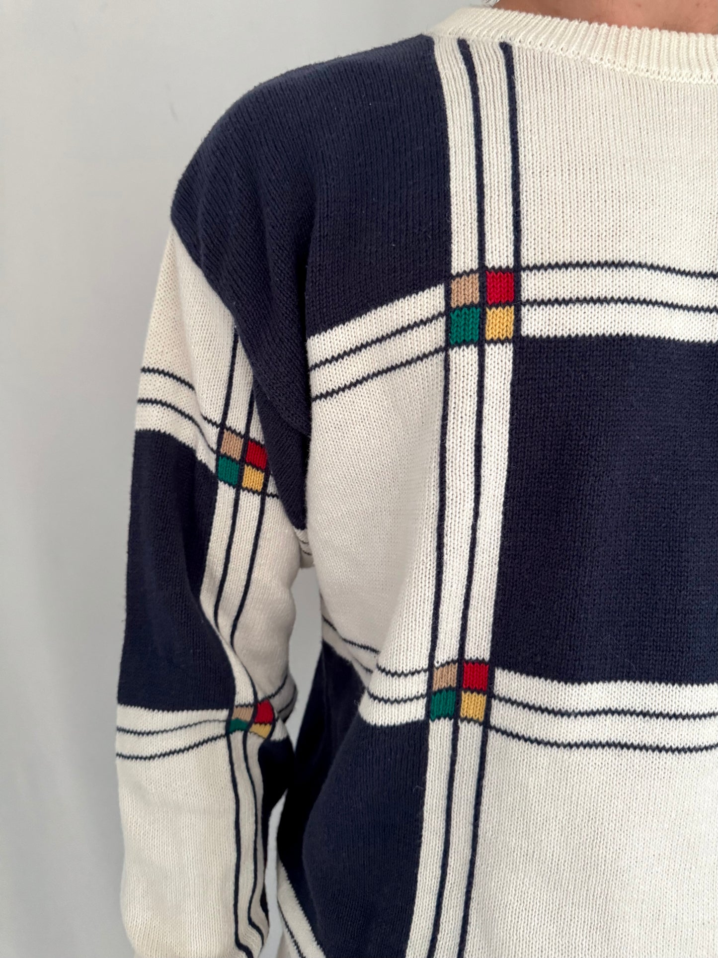 90s vintage multicolor retro golf geometric long sleeved knit sweater – mens medium | unisex artsy casual cotton grandpa jumper