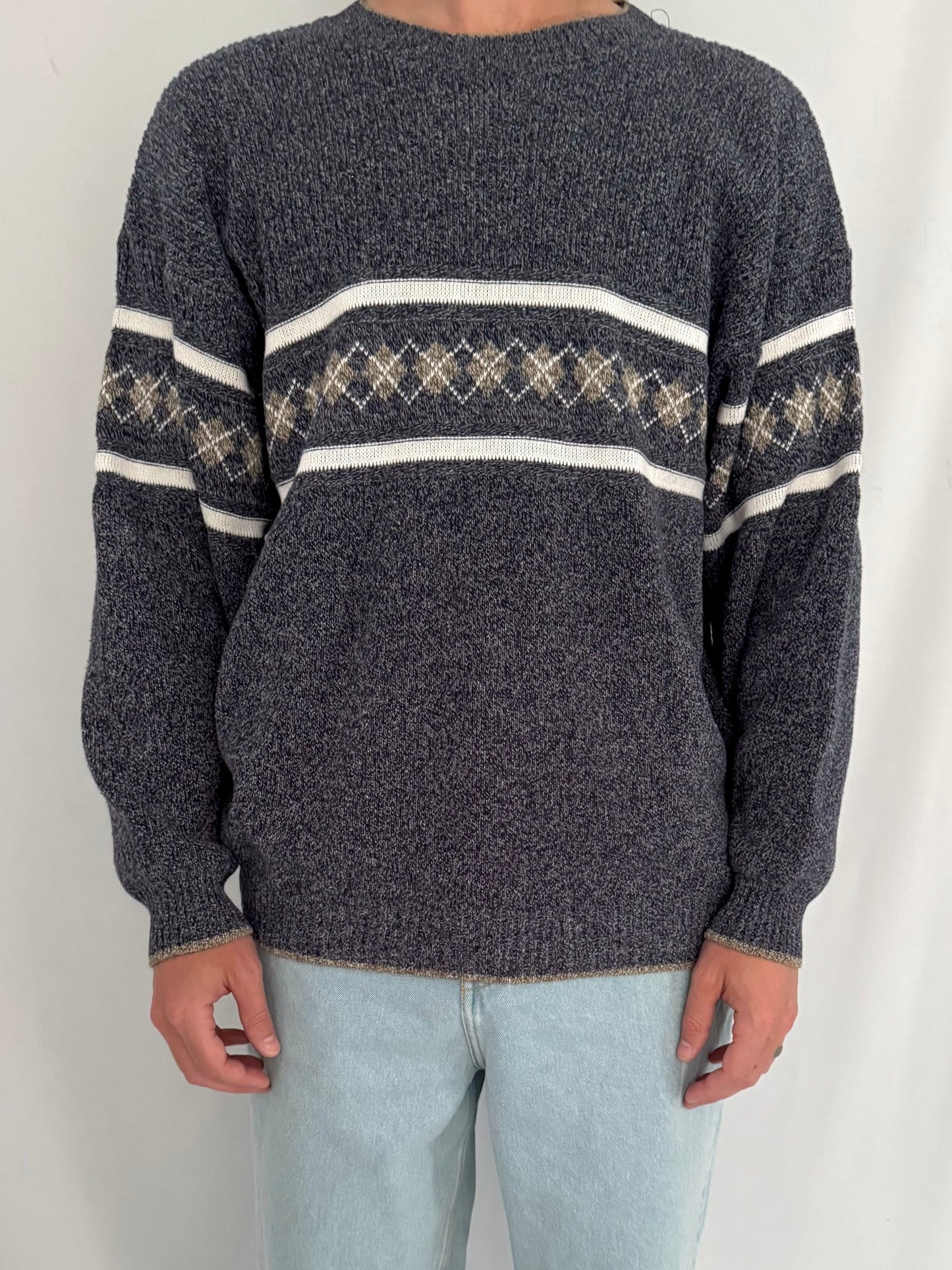 90s vintage blue grey grandpa argyle print long sleeved knit sweater – mens large | unisex striped casual dad cozy slouchy crewneck jumper