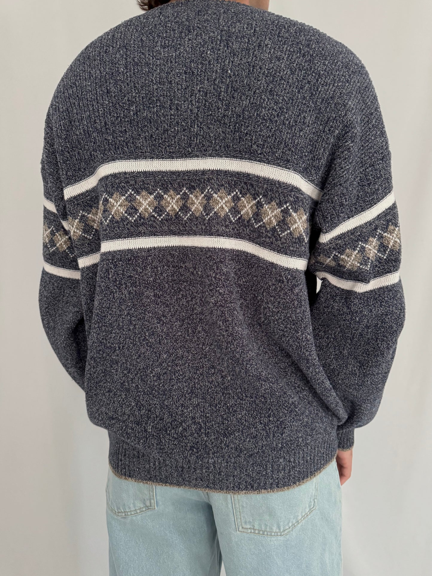 90s vintage blue grey grandpa argyle print long sleeved knit sweater – mens large | unisex striped casual dad cozy slouchy crewneck jumper