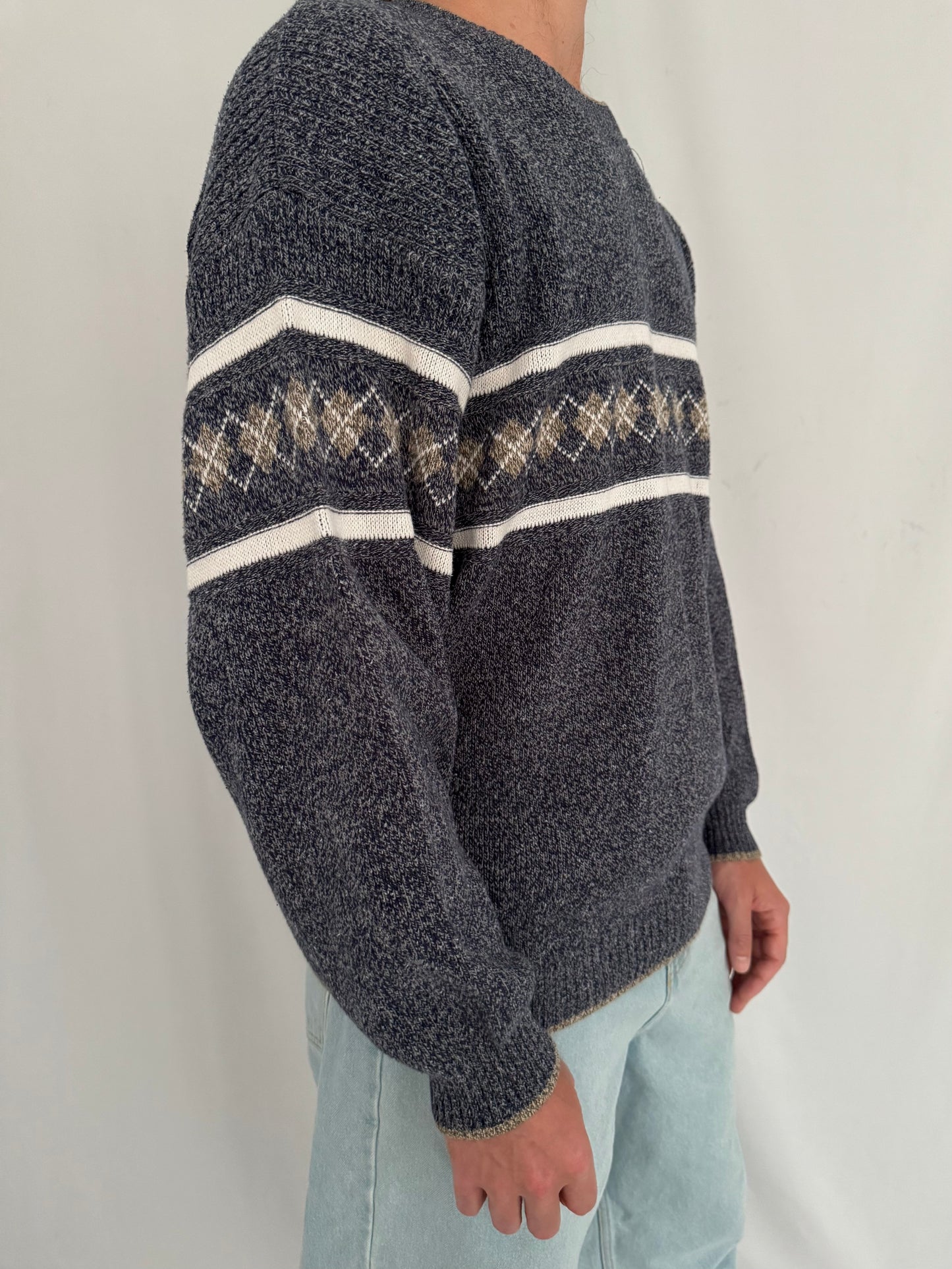 90s vintage blue grey grandpa argyle print long sleeved knit sweater – mens large | unisex striped casual dad cozy slouchy crewneck jumper