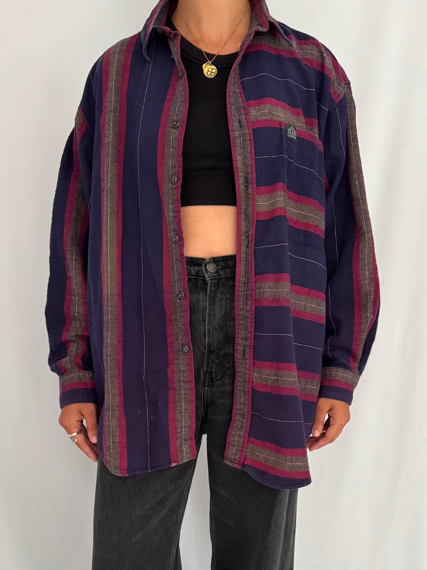 90s vintage multicolor plaid print boyfriend fit flannel button up shirt - large | unisex relaxed cotton cozy izod collared long sleeved top