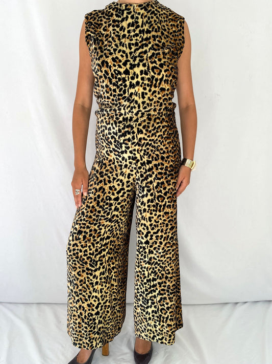 70s vintage leopard animal print velvet sleeveless pant jumpsuit