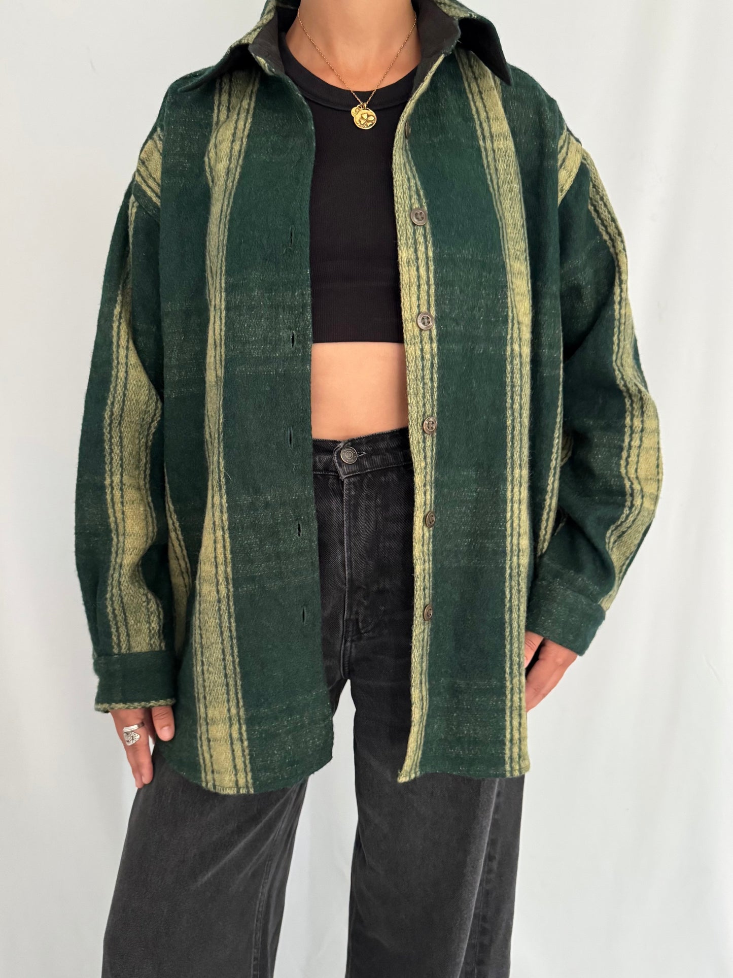 90s vintage green thick wool plaid button up down shirt jacket | unisex outdoor lumberjack country cottage striped casual collared shacket