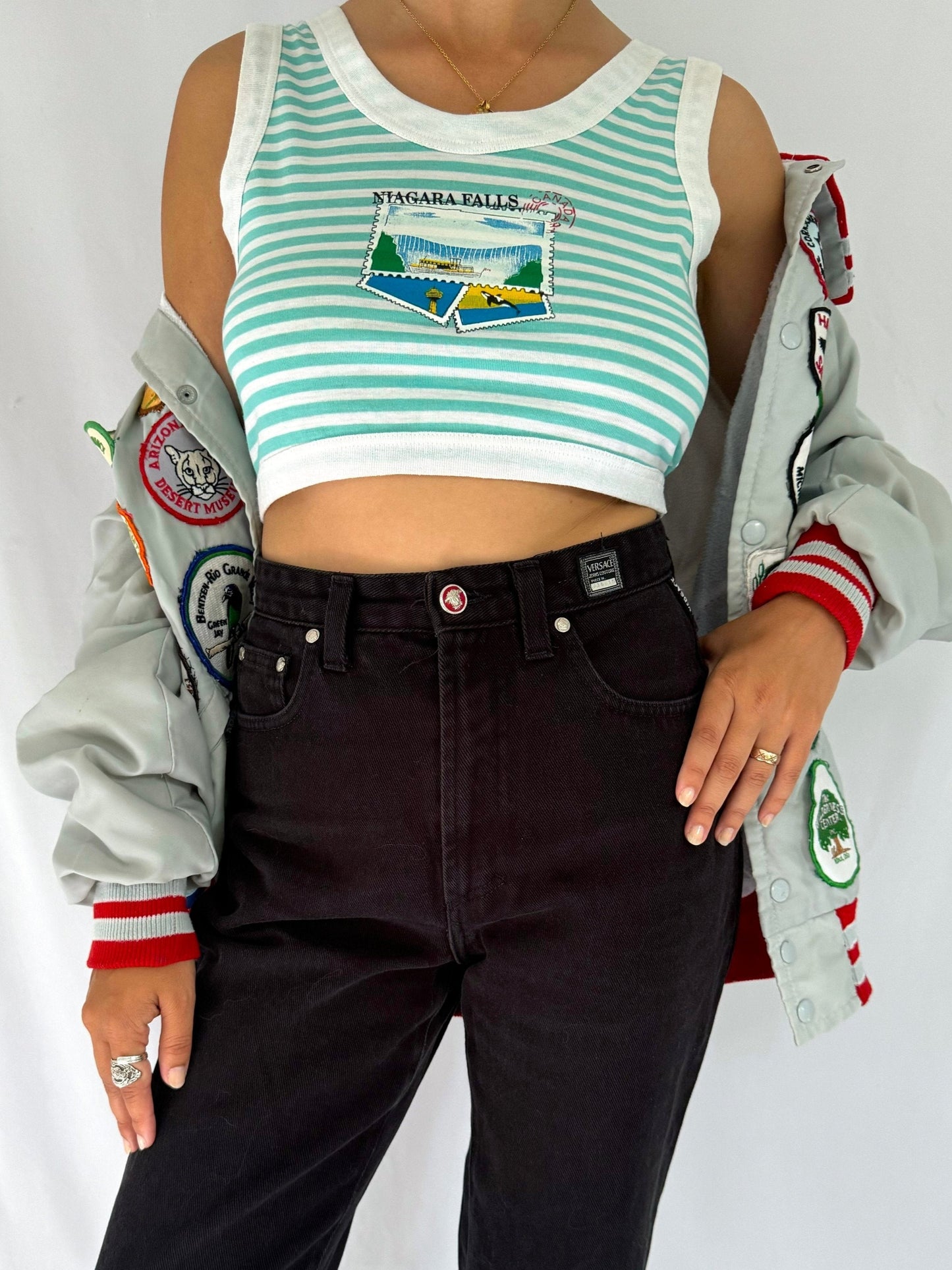 90s vintage striped niagara falls canada graphic cropped tank top