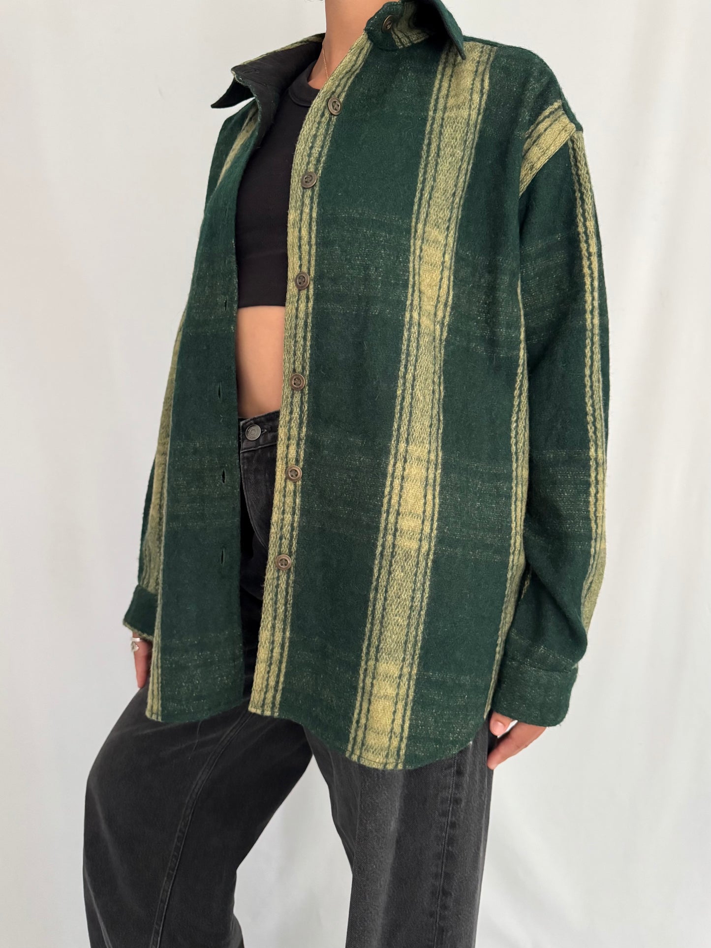 90s vintage green thick wool plaid button up down shirt jacket | unisex outdoor lumberjack country cottage striped casual collared shacket