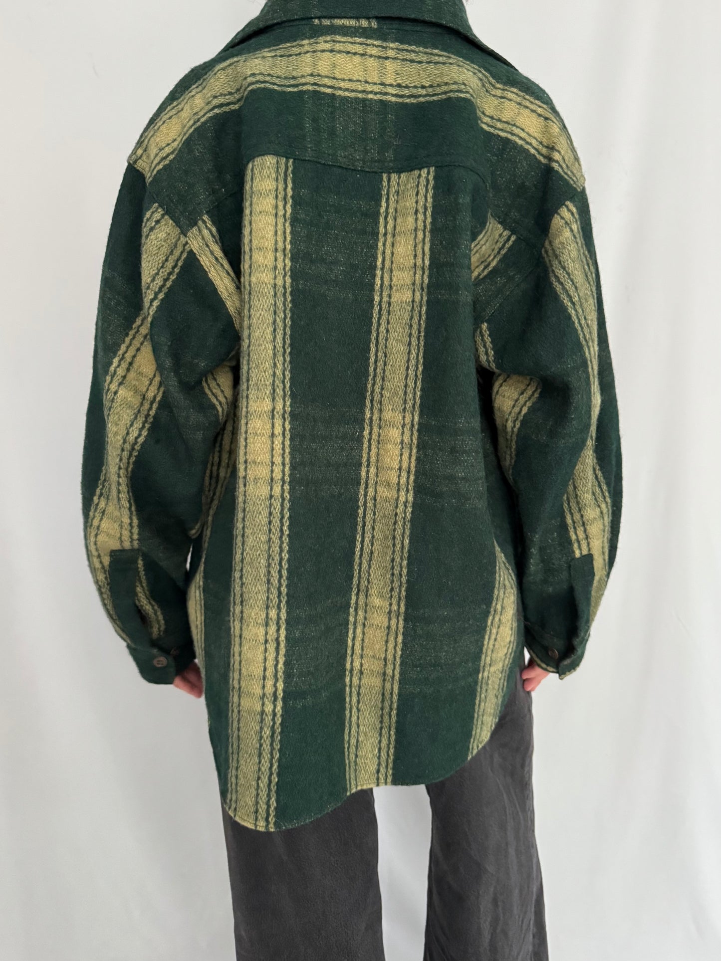 90s vintage green thick wool plaid button up down shirt jacket | unisex outdoor lumberjack country cottage striped casual collared shacket