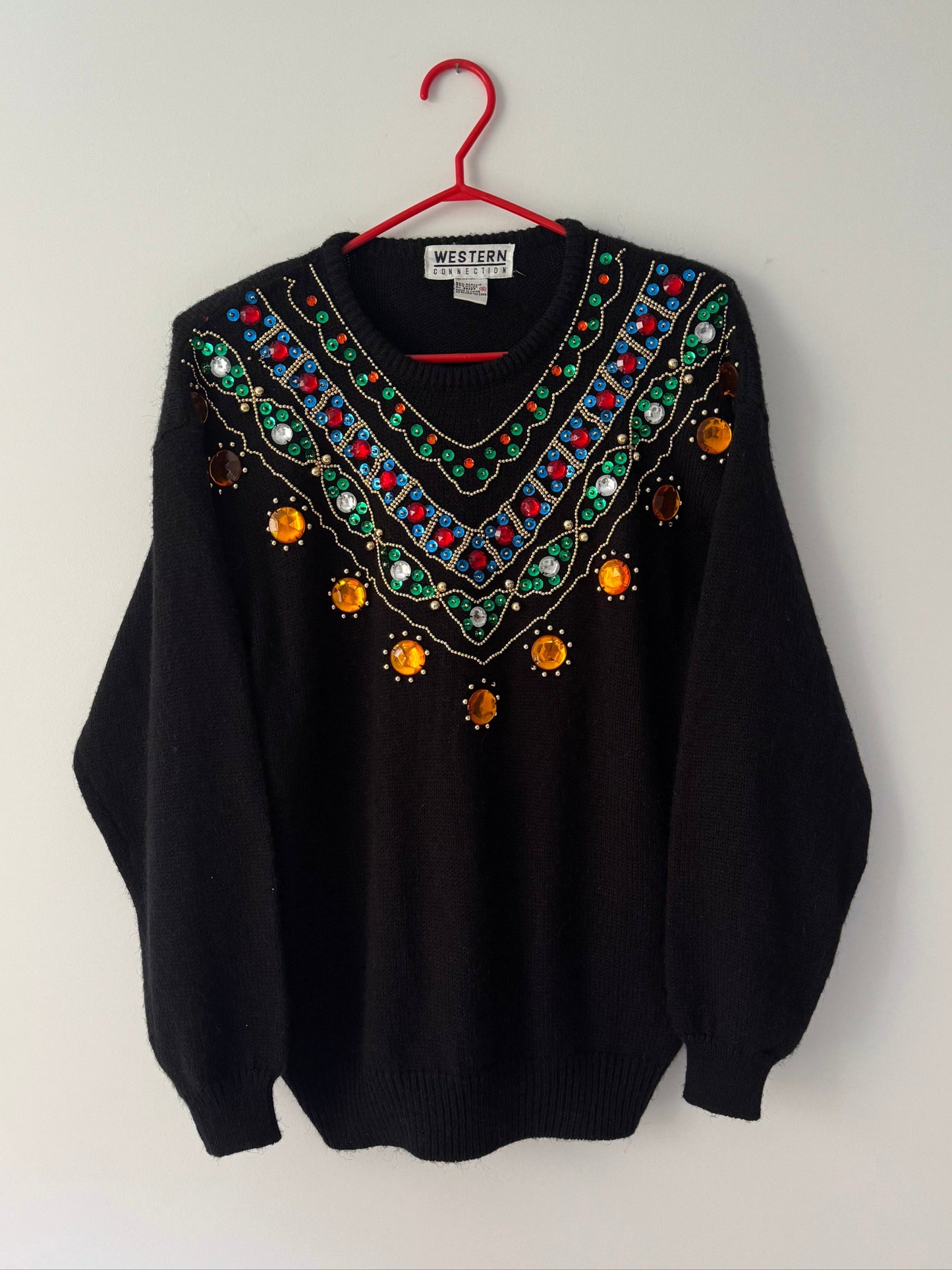 80s vintage black rainbow embellished jeweled knit sweater – small, medium | embroidered beaded acrylic jumper