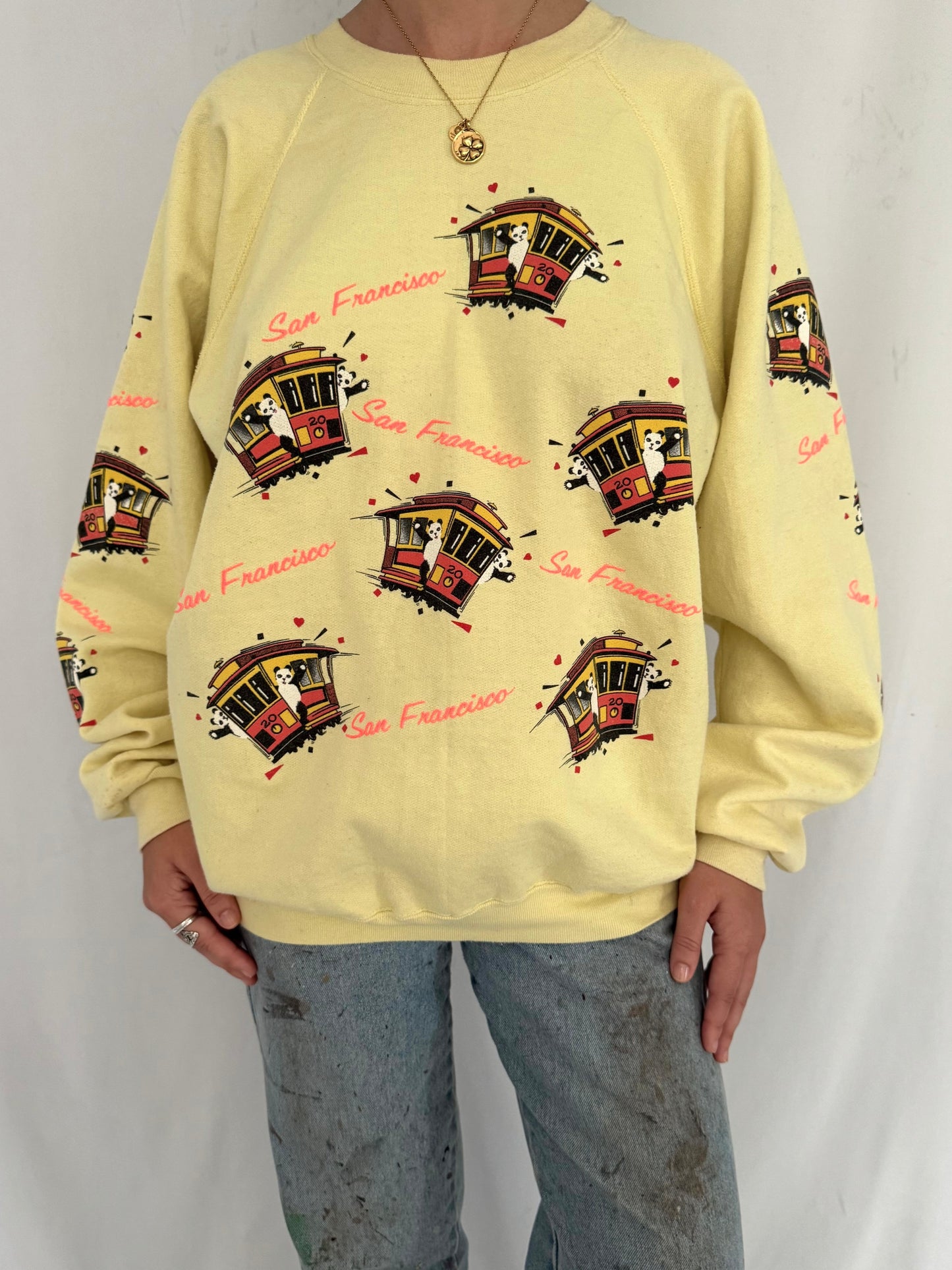 90s vintage yellow san francisco panda retro pullover sweatshirt