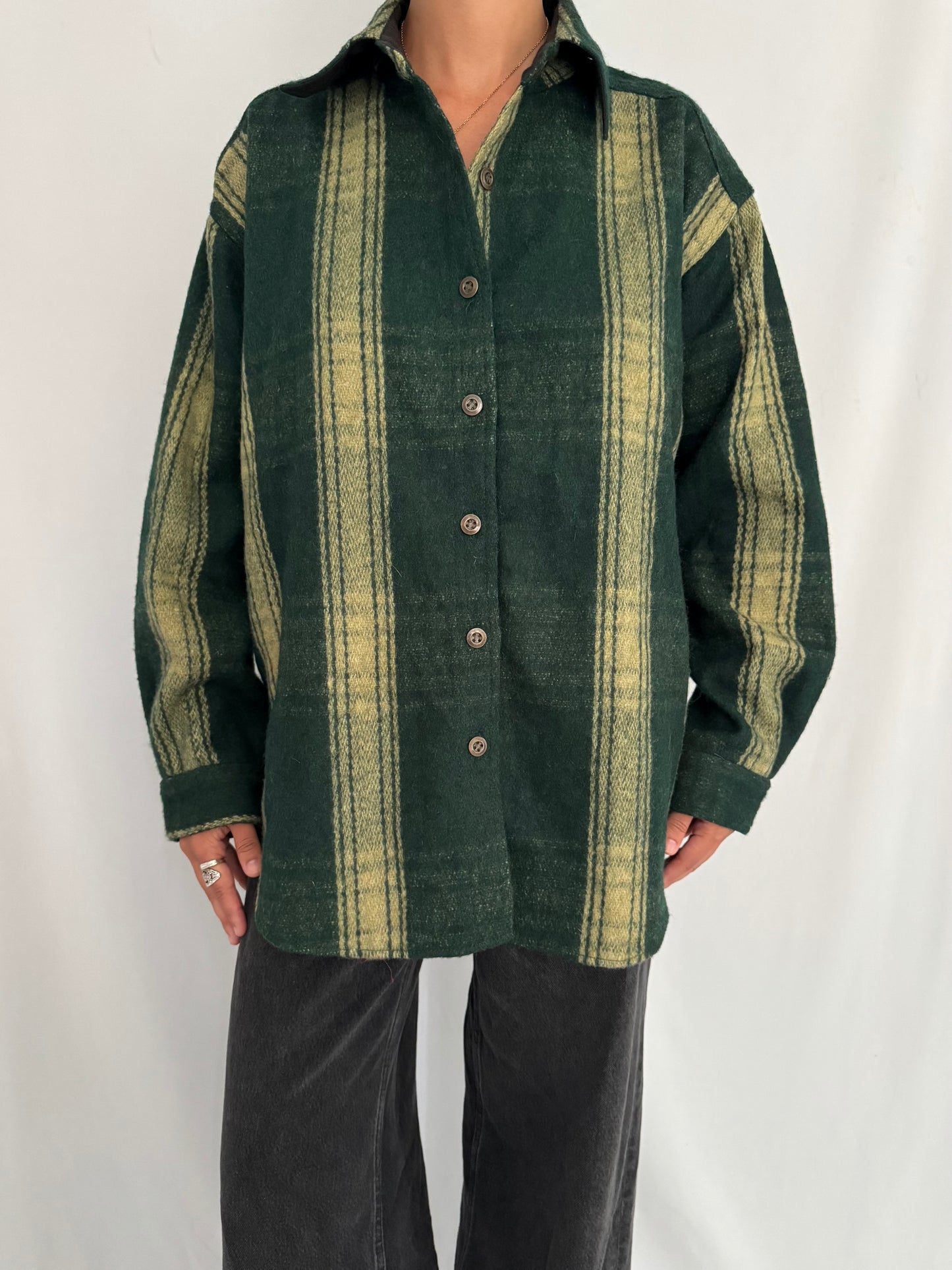 90s vintage green thick wool plaid button up down shirt jacket | unisex outdoor lumberjack country cottage striped casual collared shacket