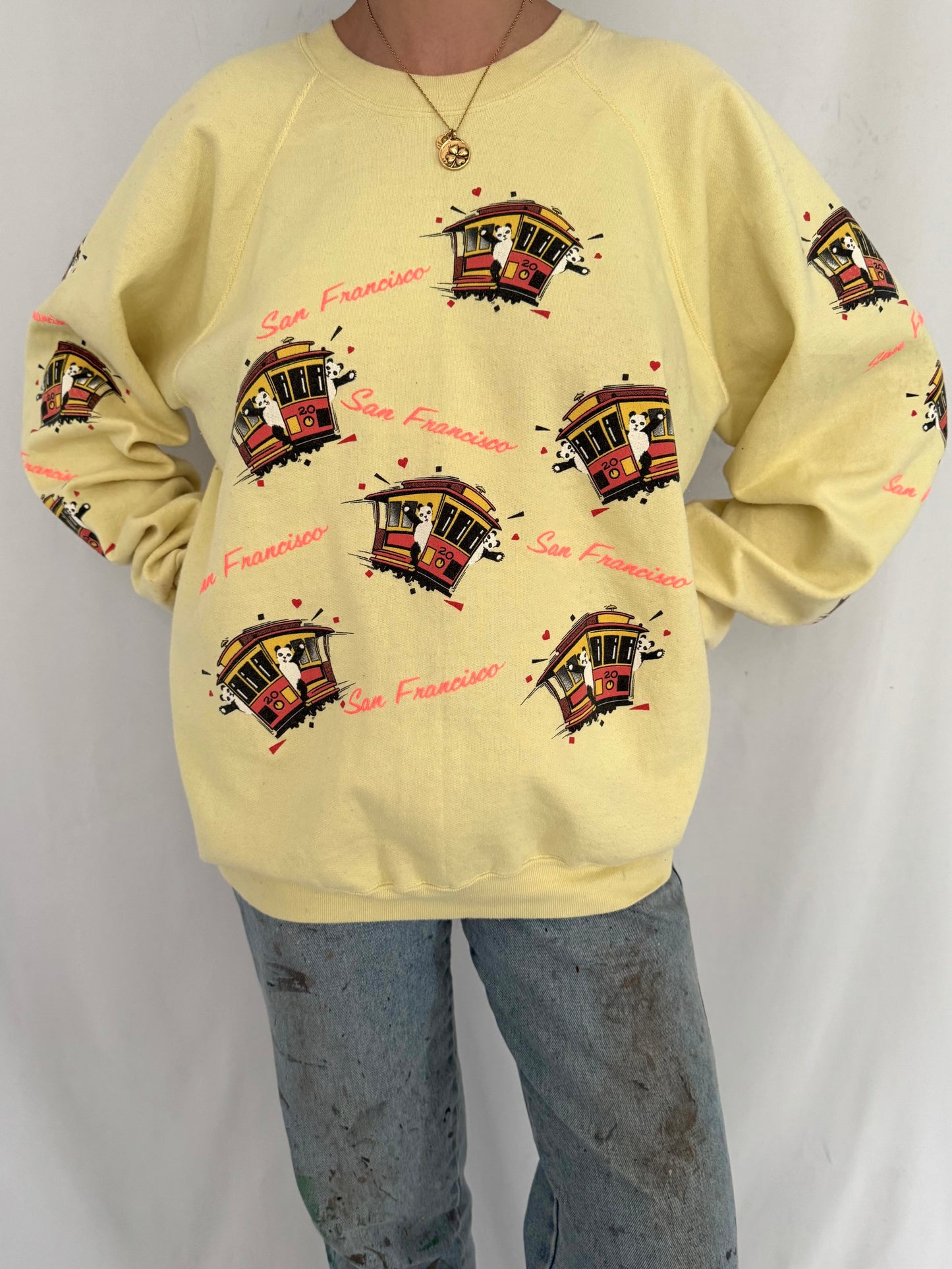 90s vintage yellow san francisco panda retro pullover sweatshirt