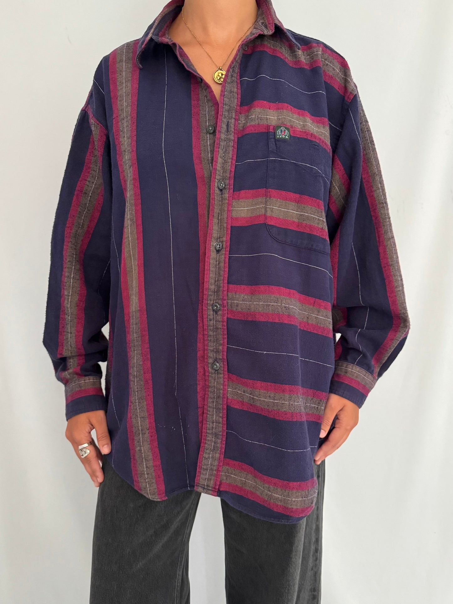 90s vintage multicolor plaid print boyfriend fit flannel button up shirt - large | unisex relaxed cotton cozy izod collared long sleeved top