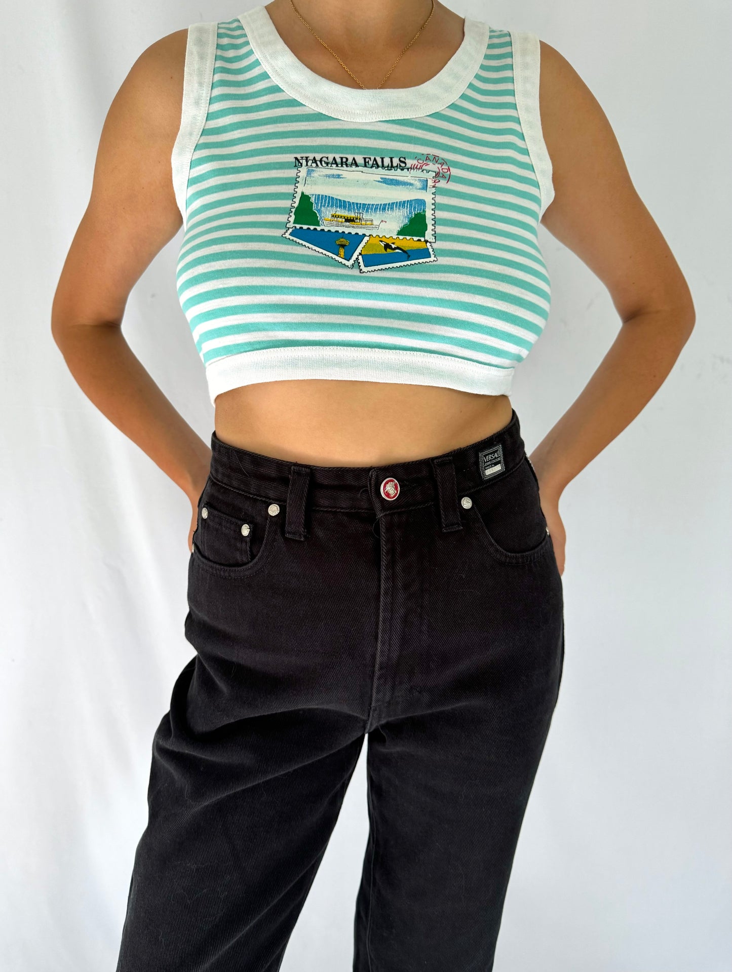 90s vintage striped niagara falls canada graphic cropped tank top