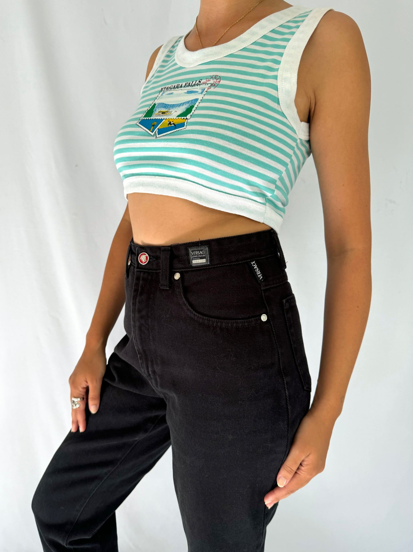 90s vintage striped niagara falls canada graphic cropped tank top