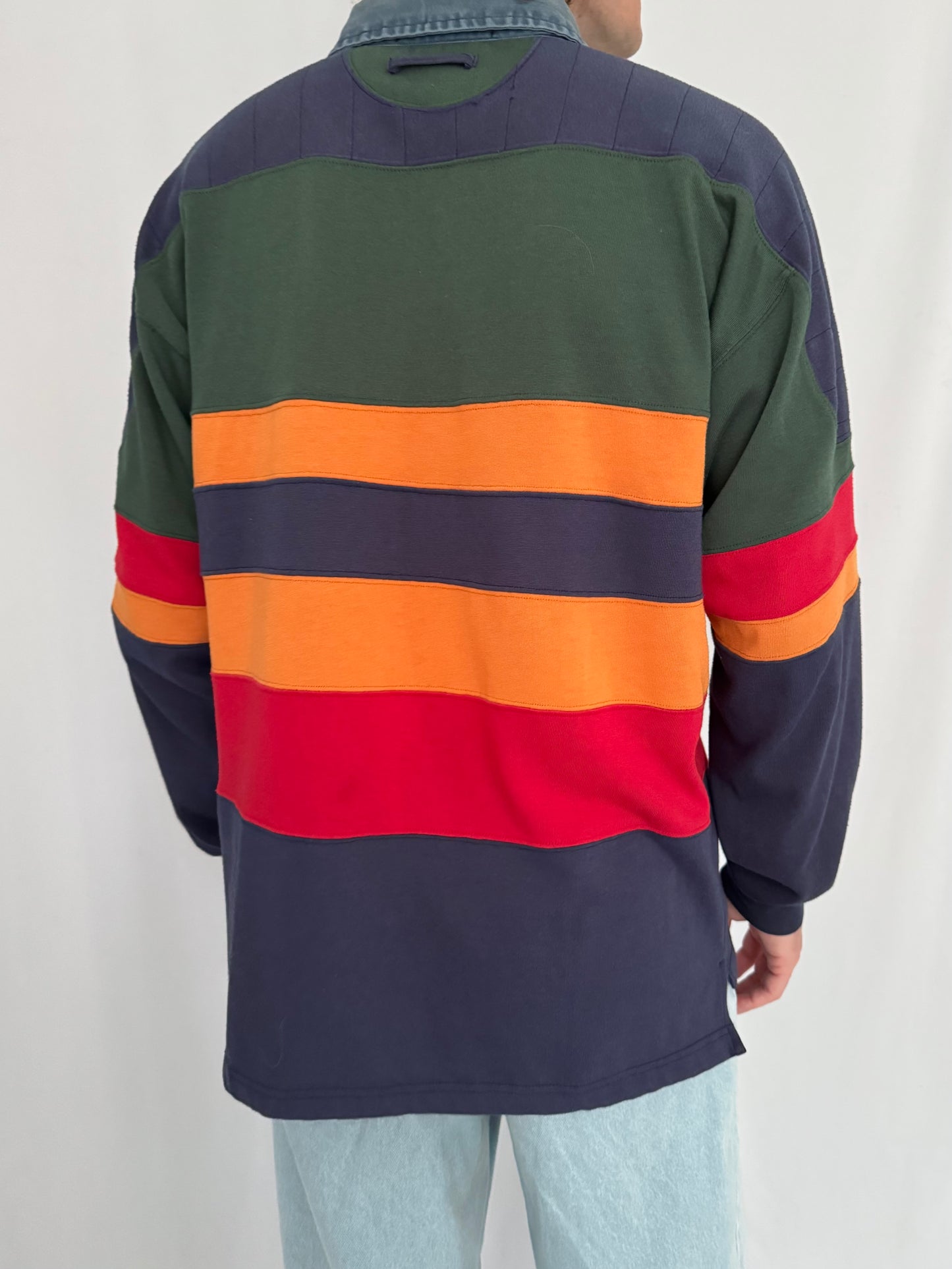 90s vintage striped multicolor colorblock long sleeved rugby shirt – medium | unisex mens cotton denim casual rowing varsity collared polo