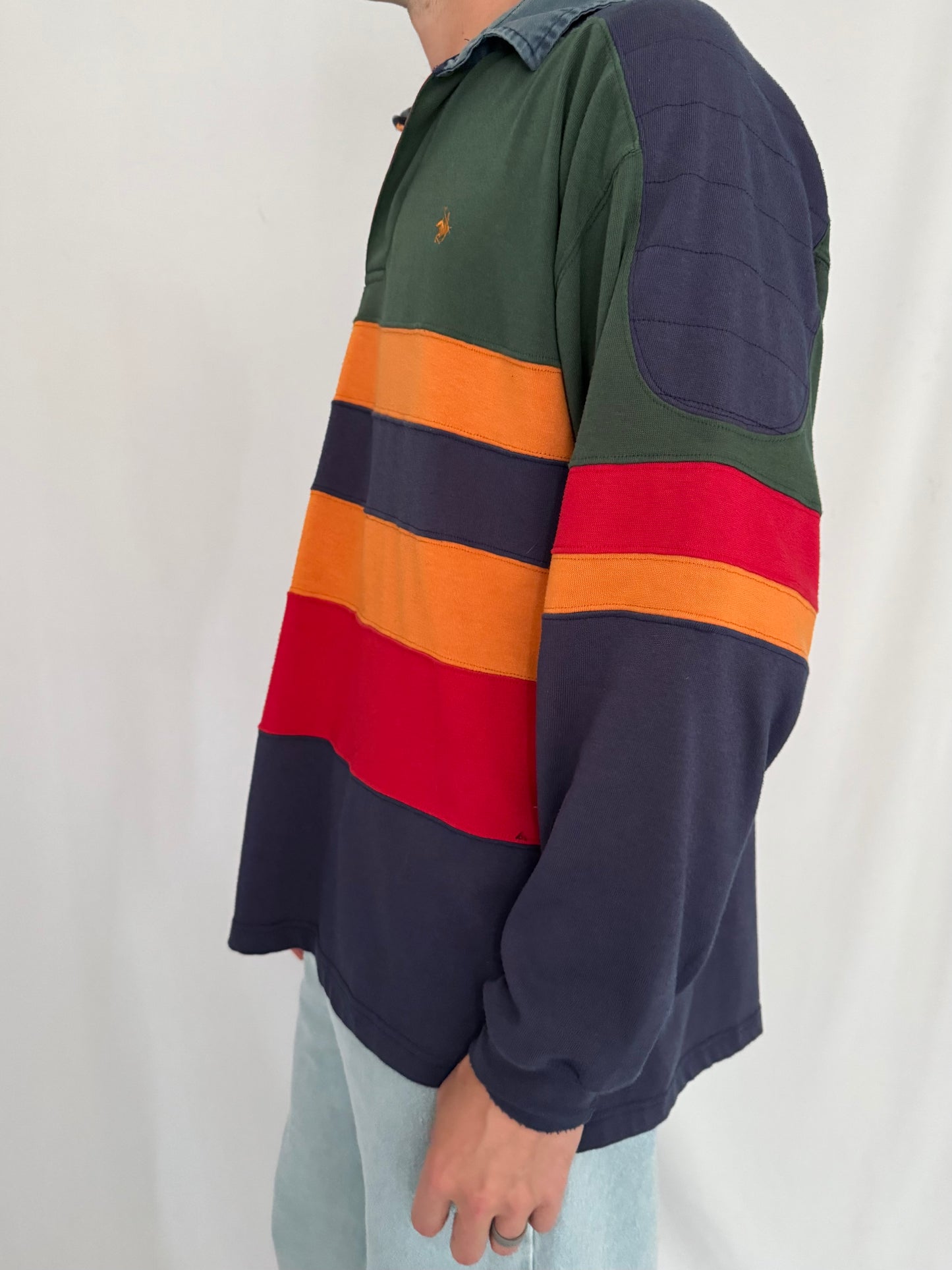 90s vintage striped multicolor colorblock long sleeved rugby shirt – medium | unisex mens cotton denim casual rowing varsity collared polo