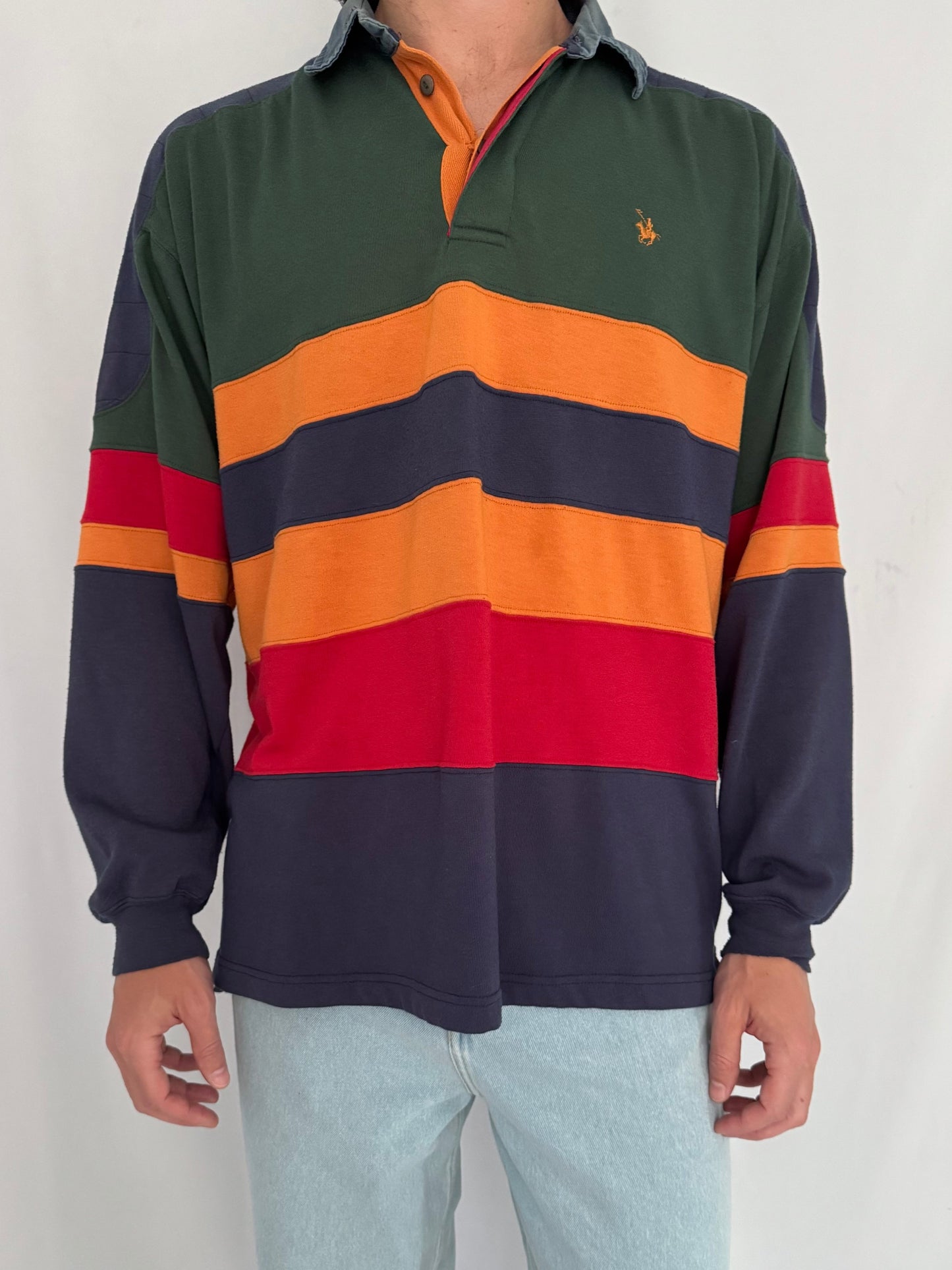 90s vintage striped multicolor colorblock long sleeved rugby shirt – medium | unisex mens cotton denim casual rowing varsity collared polo