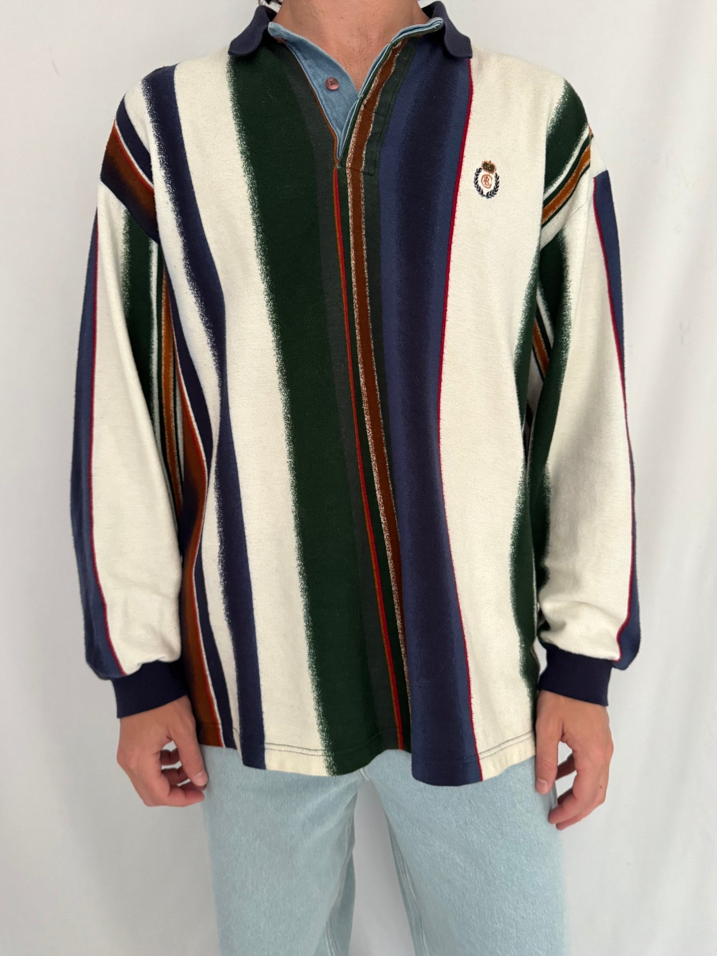 90s vintage multicolor striped chaps ralph lauren long sleeved rugby shirt – large | unisex mens cotton denim preppy varsity collared polo