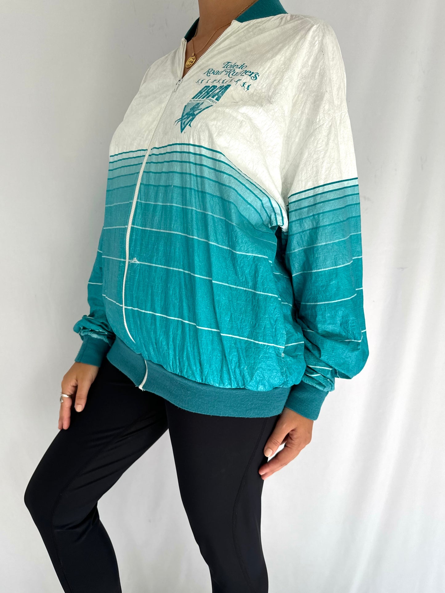 90s vintage turquoise unisex light windbreaker jacket – large | mens toledo road runners retro cycling jacket