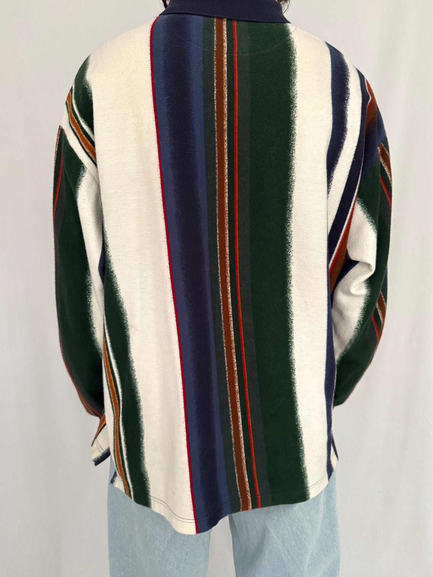 90s vintage multicolor striped chaps ralph lauren long sleeved rugby shirt – large | unisex mens cotton denim preppy varsity collared polo