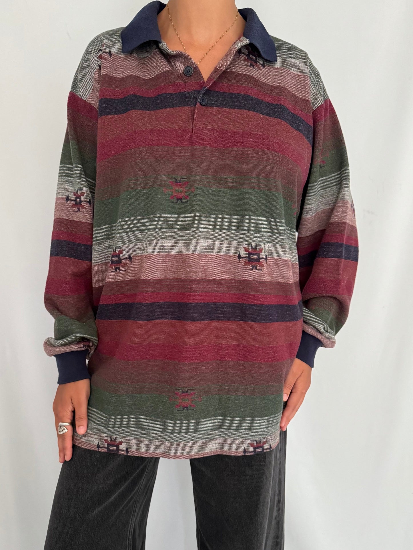 90s vintage multicolor striped aztec print casual cozy cotton collared shirt - large | unisex retro indie hipster patterned long sleeved top