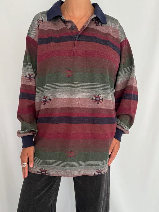 90s vintage multicolor striped aztec print casual cozy cotton collared shirt