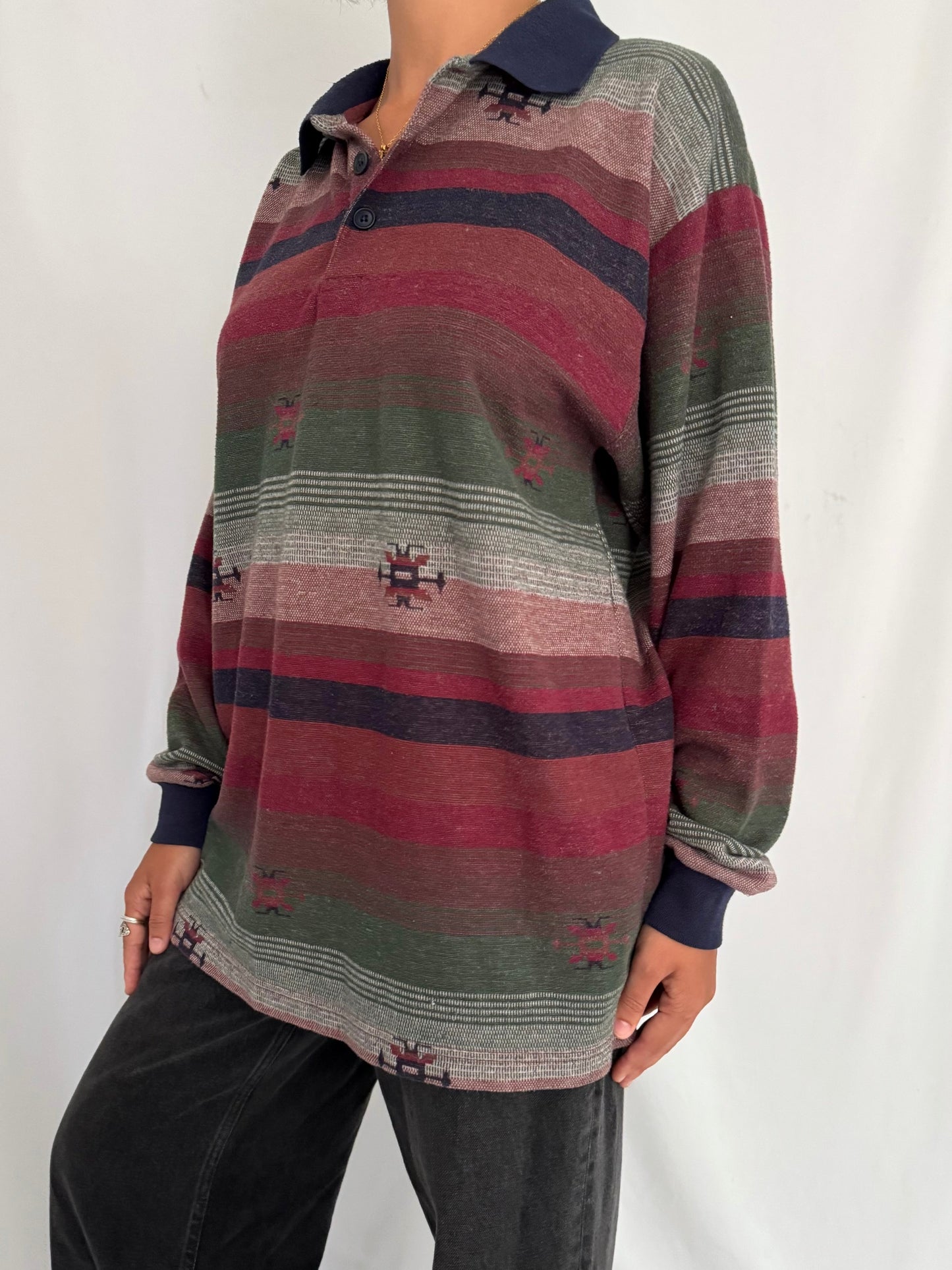 90s vintage multicolor striped aztec print casual cozy cotton collared shirt - large | unisex retro indie hipster patterned long sleeved top