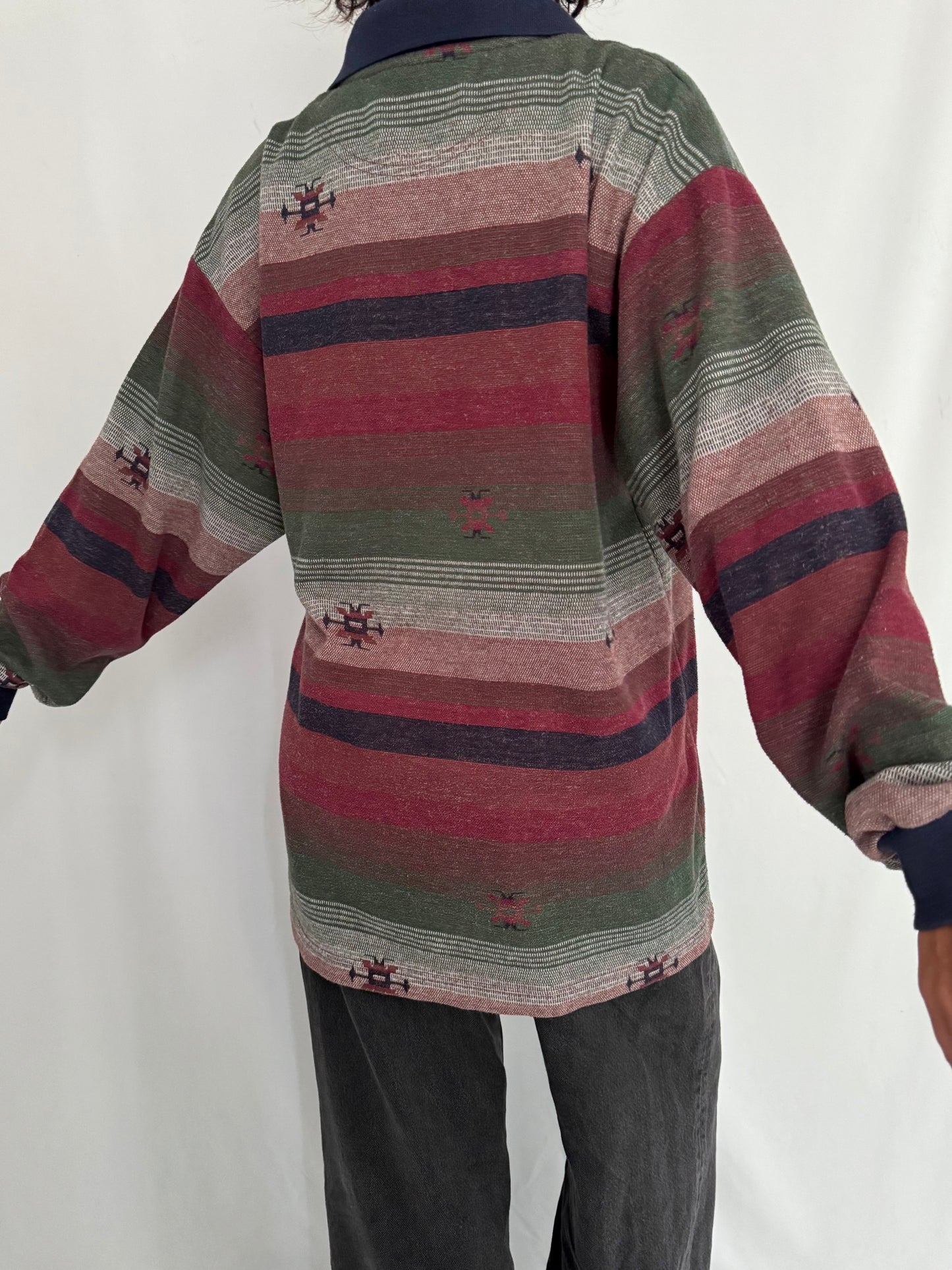 90s vintage multicolor striped aztec print casual cozy cotton collared shirt - large | unisex retro indie hipster patterned long sleeved top