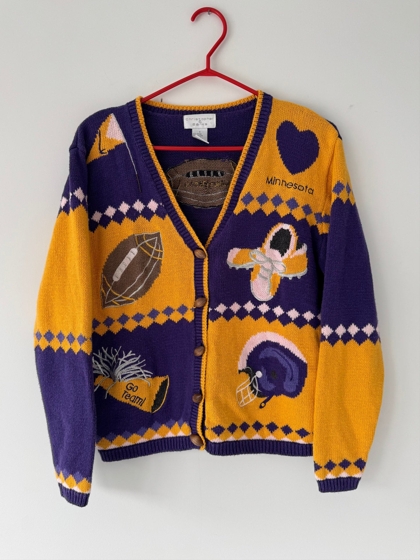 90s vintage novelty football print embroidered knit cardigan – small | minnesota vikings christopher banks unique funky button up sweater