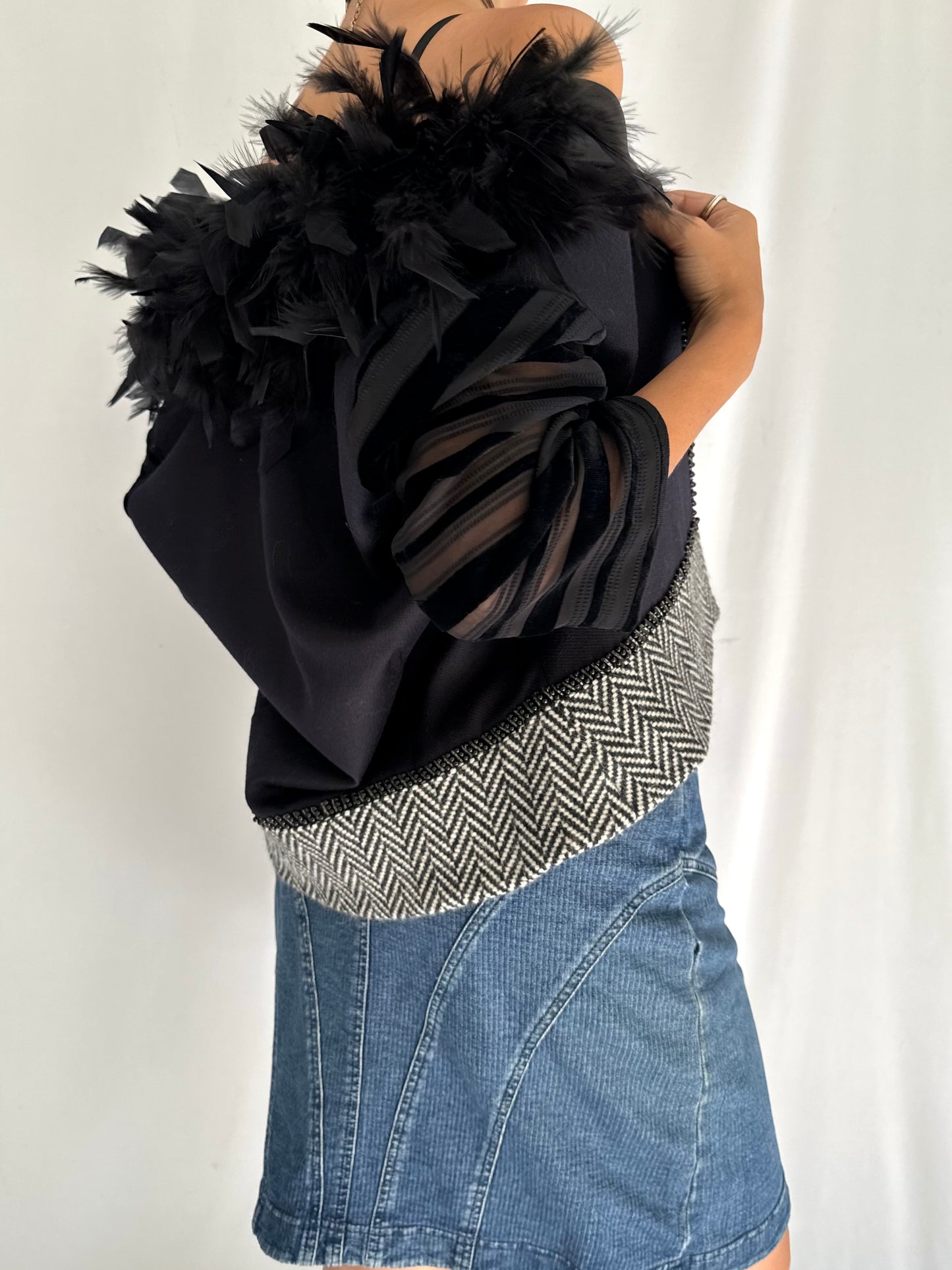 vintage black feather trim collar open front jacket – small | unique beaded sheer halloween party blazer