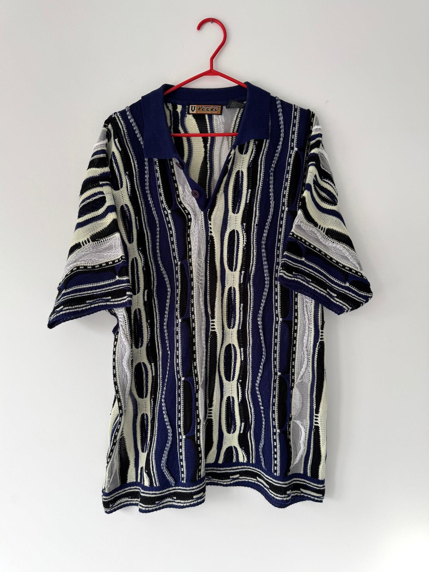 90s vintage 3D textured ugly coogi style knit dress collared shirt – mens large | unisex womens multicolor funky crazy streetwear