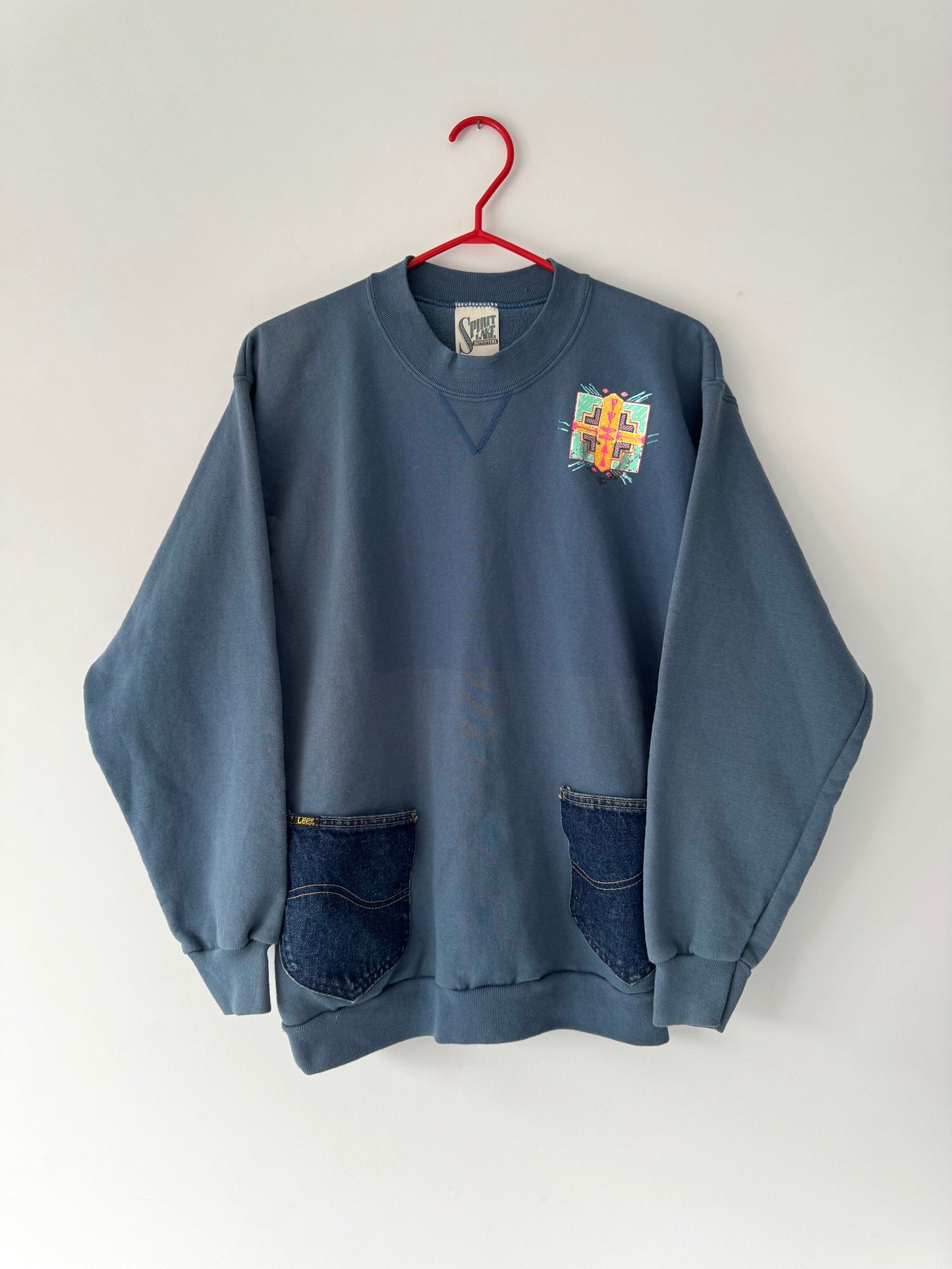 90s vintage blue western denim reworked embroidered pullover sweater – medium | novelty southwestern crewneck sweatshirt