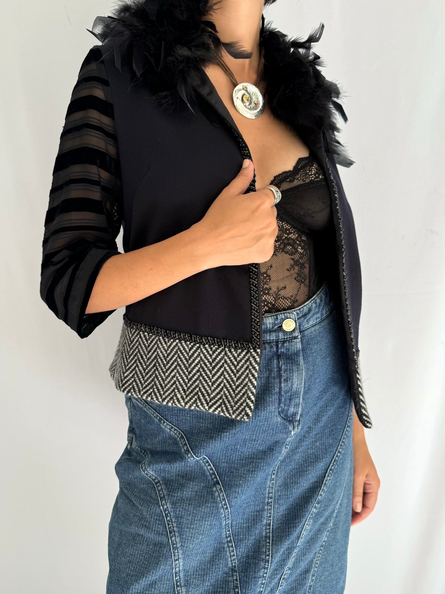 vintage black feather trim collar open front jacket – small | unique beaded sheer halloween party blazer