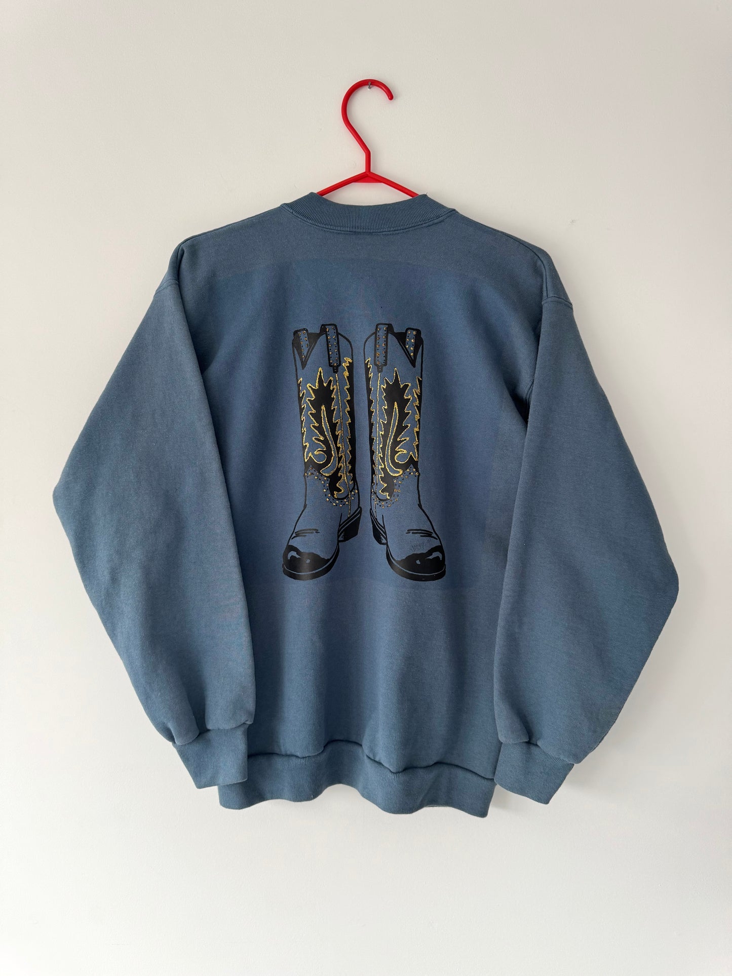90s vintage blue western denim reworked embroidered pullover sweater – medium | novelty southwestern crewneck sweatshirt