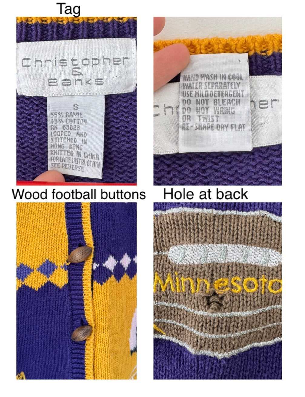 90s vintage novelty football print embroidered knit cardigan – small | minnesota vikings christopher banks unique funky button up sweater