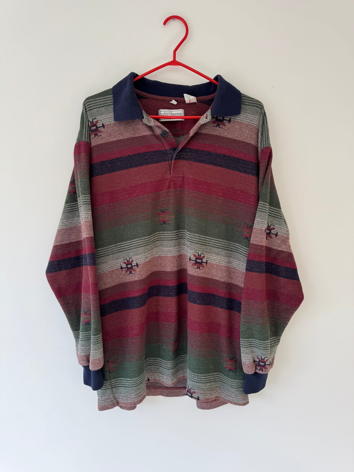 90s vintage multicolor striped aztec print casual cozy cotton collared shirt - large | unisex retro indie hipster patterned long sleeved top