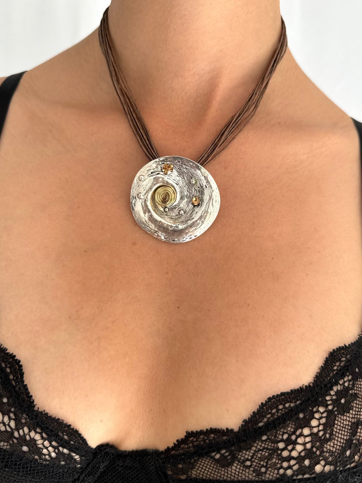 vintage large silver swirl pendant cord rope short choker necklace