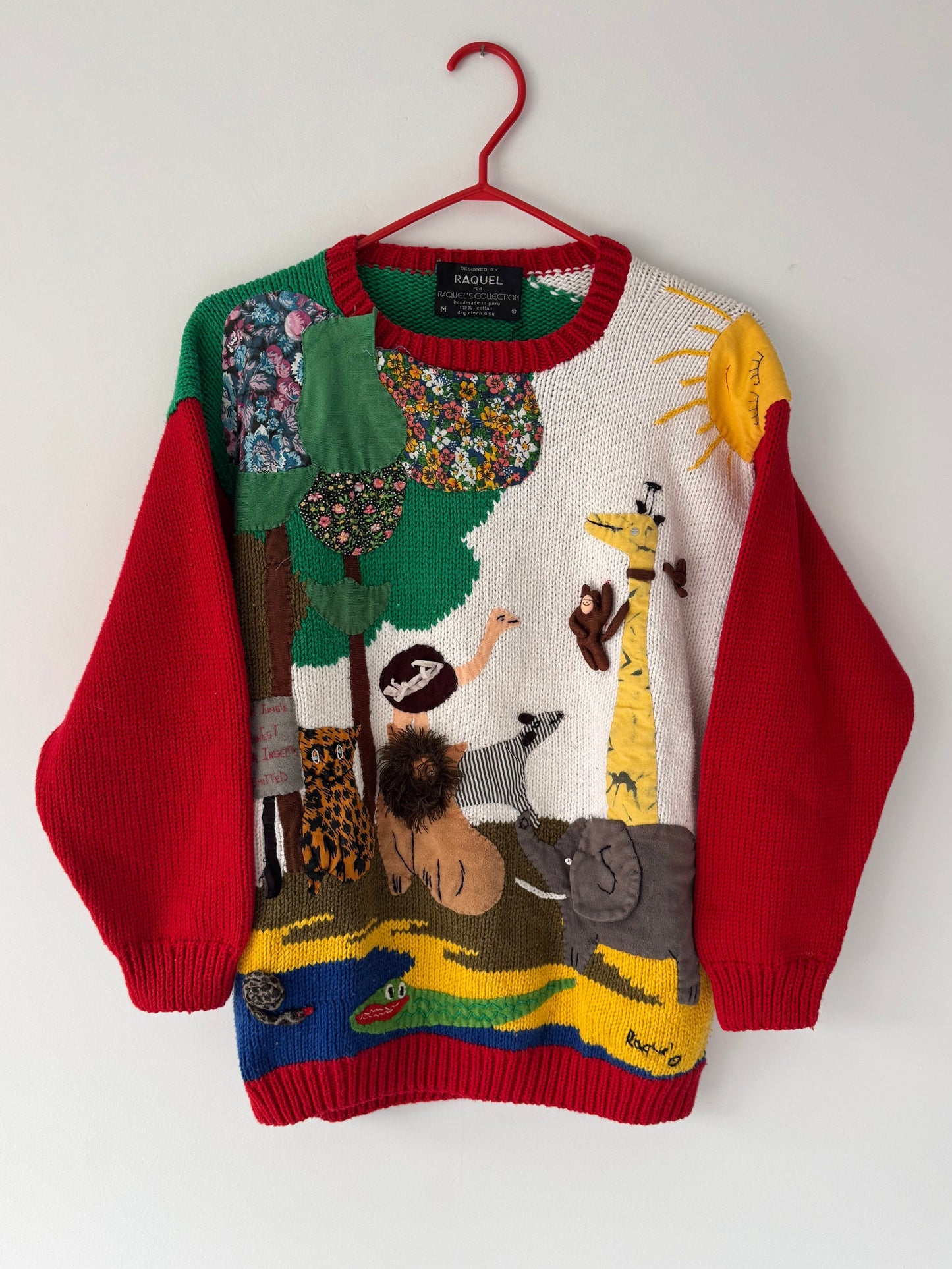 90s vintage multicolor textured 3D jungle animals embroidered hand knit sweater – medium | unique funky safari novelty jumper