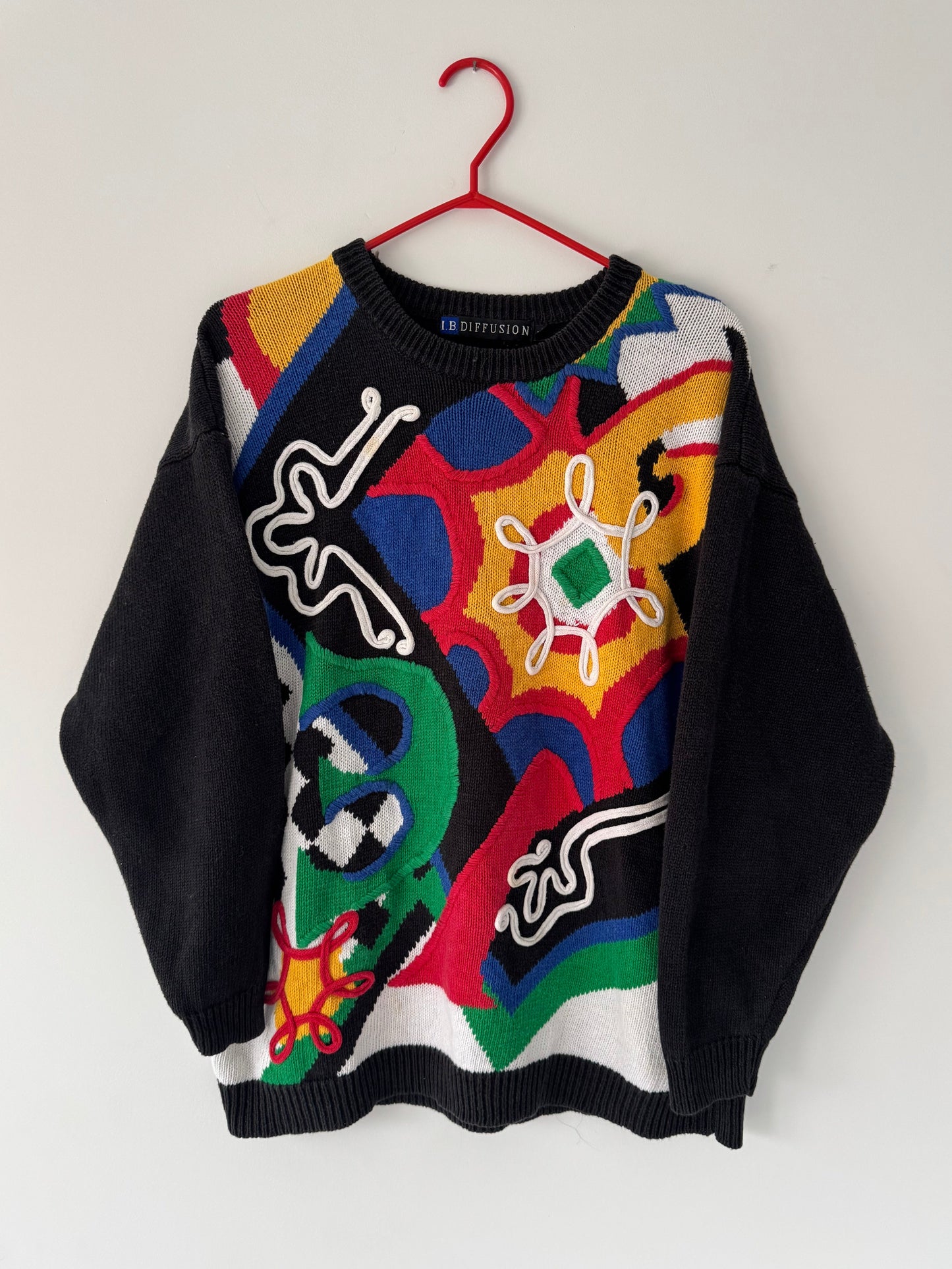 80s vintage multicolor funky abstract embroidered granny knit sweater – large | unique crazy rainbow retro novelty long sleeved jumper